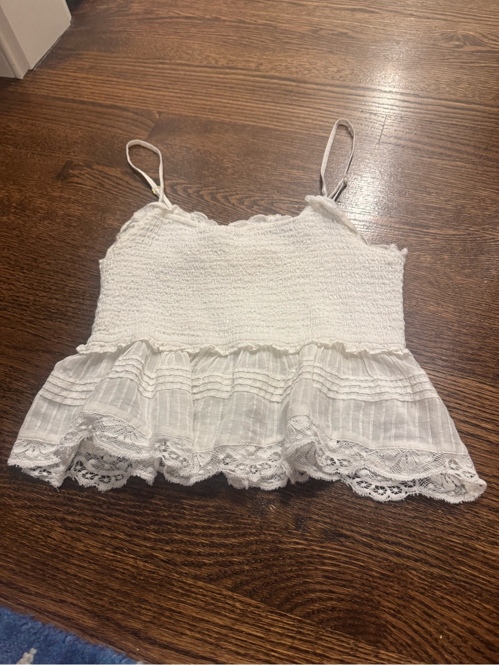 LoveShackFancy White Smocked Lace-Trim Peplum Crop Cami